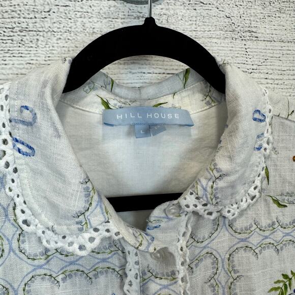 Hill House Women's White Blue Floral Crop Short Sleeve Button Up Top Size Large - Picture 6 of 8